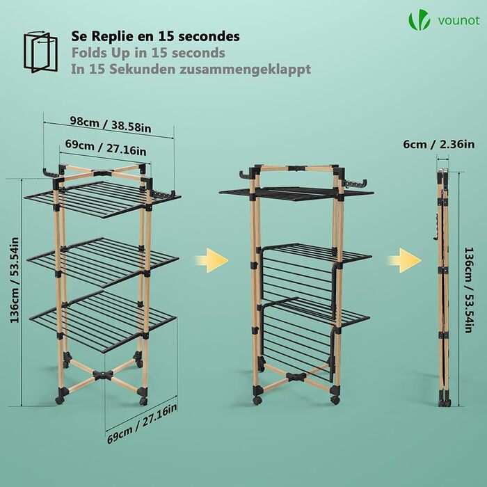 Сушарка для білизни VOUNOT вежа 3-ярусна, складана, на колесах, біла (чорна) - 25м, імітація дерева
