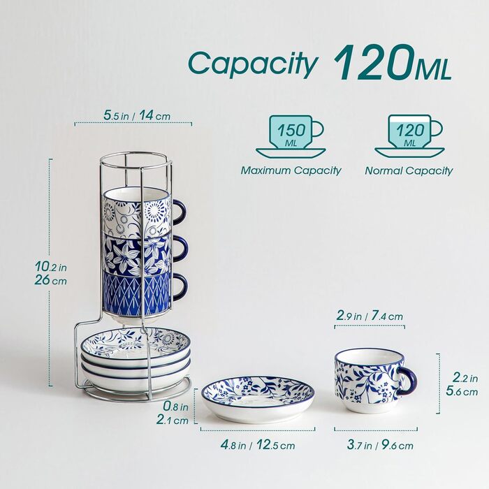 Набір чашок для еспресо Vancasso Selene, 4 шт. - порцелянові чашки з блюдцем та підставкою для капучино, лате, чаю (9.6 x 5.6 см)