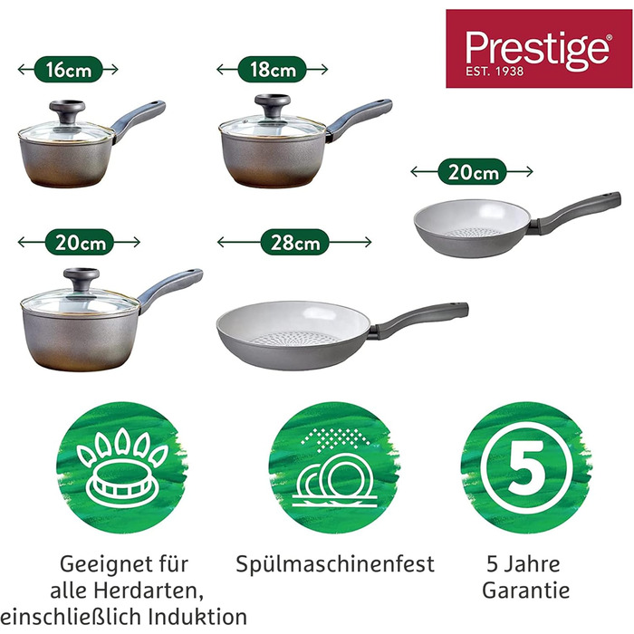 Prestige Earth Pan Cookware Pot Induction - 28cm / 7.5L - Non-Stick Ceramic, Recycled & Recyclable, Non-Toxic, Dishwasher Safe, Easy-Grip Handles (Cookware Set, 5 piece)