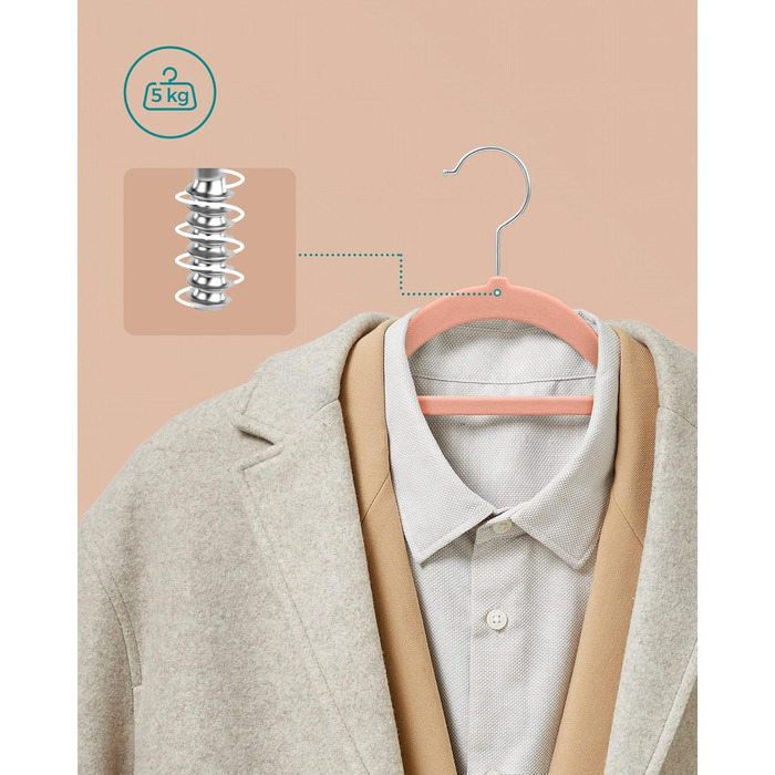 Плечики SONGMICS для одягу, велюрові, набір 50 шт., для сорочок, пальто, штанів, краваток, обертовий гачок, 43,5 см, срібно-рожевий