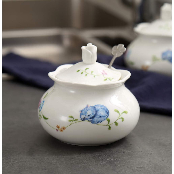 Hotoco Sugar Bowl, Ceramic Sugar Bowl with Lid and Stainless Steel Spoon for Home and Kitchen - Flower Design, White flower