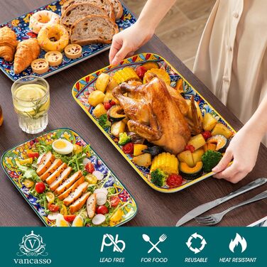 Vancasso Porcelain Serving Platter Set, SIMI Rectangular Plate Set, Bohemian Dinner Plates, Cake Plates, Dessert Plates, Breakfast Plates, 3 Sizes Serving Platters
