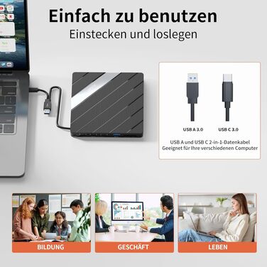 Зовнішній DVD-привід Alxum USB-C 3.0 та USB: CD/DVD плеєр і записувач для ноутбука з картридером SD/TF та додатковим USB-портом, Plug & Play, чорний