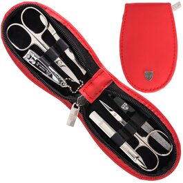 Набір манікюру Drei Schwertter 'Olbia' 6 предметів - нігетюї з натуральної шкіри червоного кольору | Ніж для шкіри, ножиці для нігтів, пінцет скошений, двосторонній інструмент, кусачки для нігтів, напільник з сапфіру червоного кольору - ЕКОШКІРА