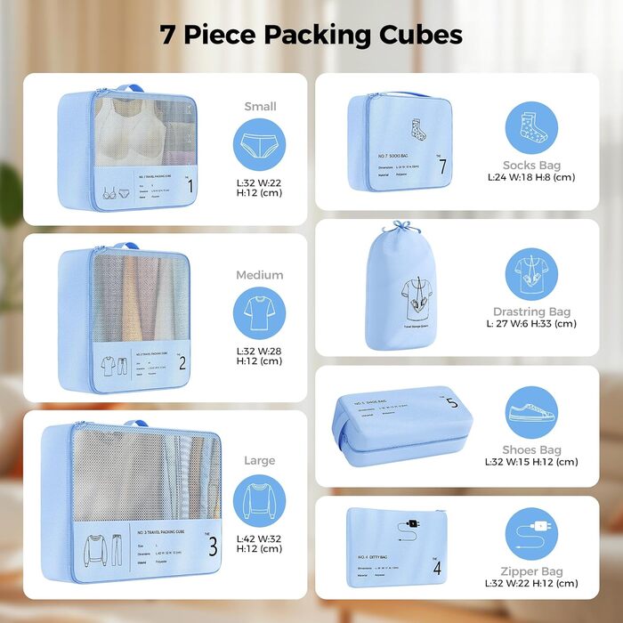 Організатор для валізи Yomisee, набір з 7 частин: Packwürfel Set, сумки для одягу в подорож, органайзер для валізи (блакитний)