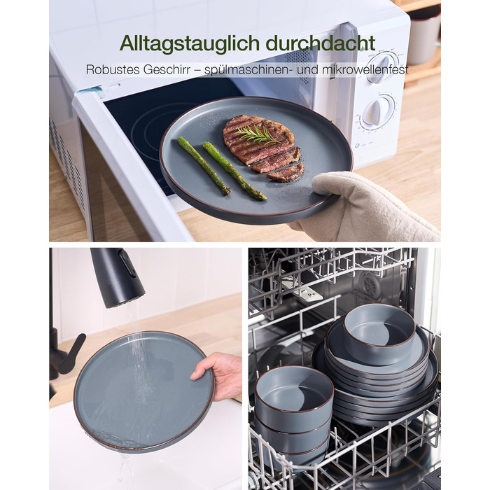 Набір посуду Mercury, 12 предметів: тарілки для 4 осіб (тарілки для їжі, десертні тарілки, миски для каші), з каменю, підходить для мікрохвильової печі та миття в посудомийній машині, колір: вугільно-сірий