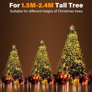 Льохтеркетка Withosent для ялинки, 2м, 400 LED, з кільцем, IP44, пам'ять, вологостійка, 8 режимів, тепле біле світло, для декору ялинки в приміщенні та на вулиці