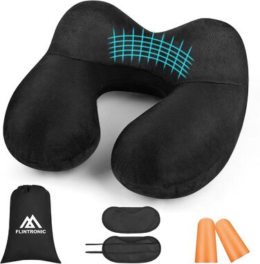 Надувна подушка для шиї Flintronic, ергономічна підголовник з велюровим чохлом, для подорожей та кемпінгу (темно-сірий)
