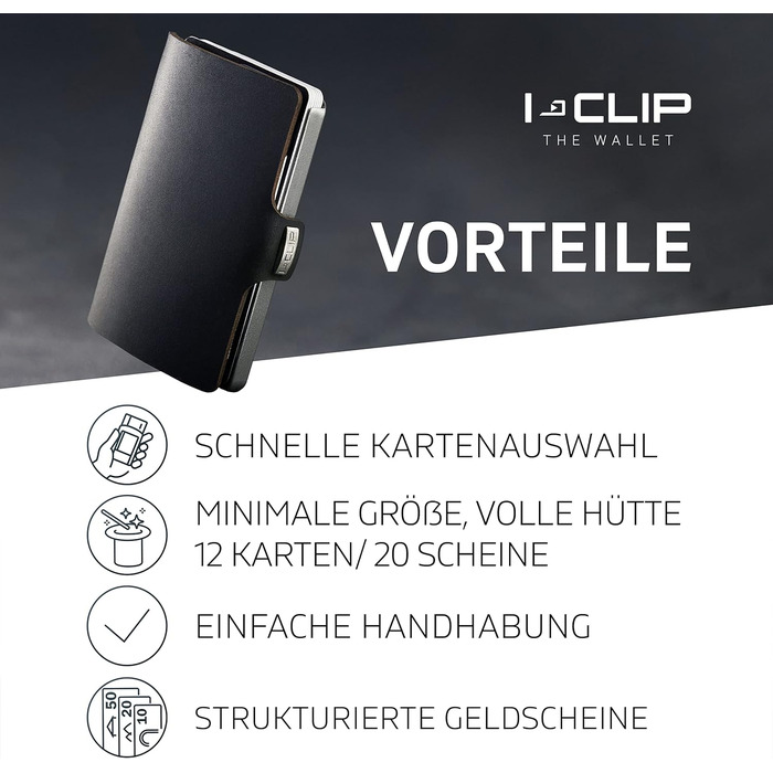 I-CLIP Original Slim Wallet Leather Wallet - Premium Wallet - Card Case - Credit Card Case with Money Clip - Smooth Leather Black