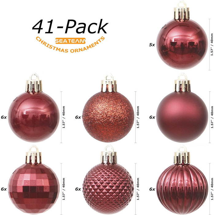 41 штука прикрас для ялинки Sea Team: міцні пластикові кулі з шнурком, 60 мм (бургунді) та 40 мм. Ідеально для ялинки, вечірки, весілля
