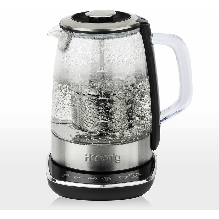 H.KOENIG TI600 Instant T Teapot Electric Kettle 1.5L, 1.5 liters, Stainless Steel/Glass