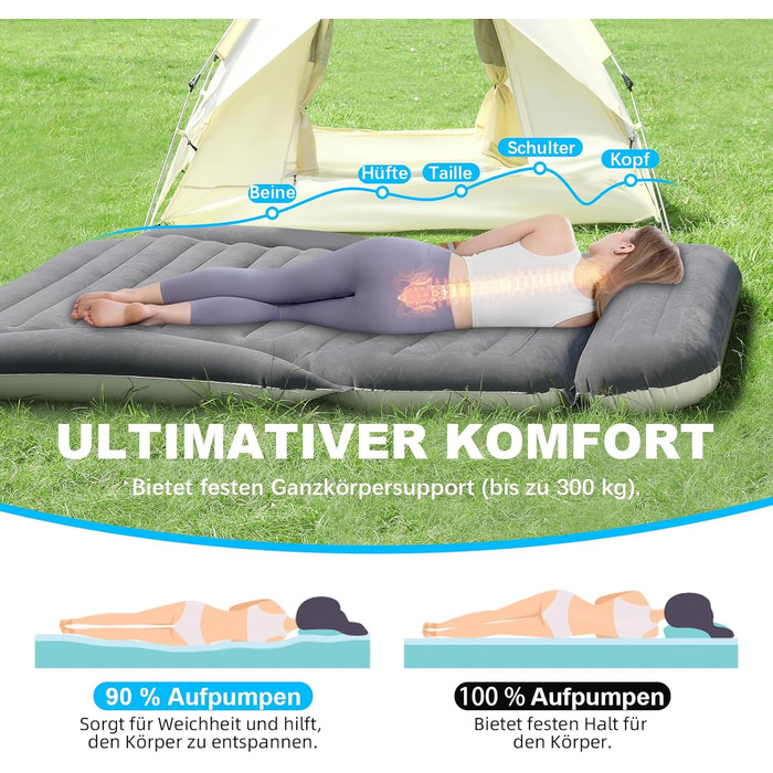 Надувна повітряна матрац для авто SUV, вантажівки та кемпінгу KMZ – портативне, товсте ліжко для автомобіля з електропомпою та 2 подушками