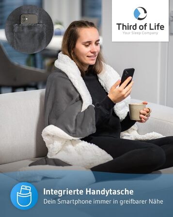 Пухова ковдра KAMI 150x200 см, темно-сіра, Sherpa, для вітальні, дивану, ліжка, з кишенею для телефону та захистом від бруду, тепла зимова ковдра