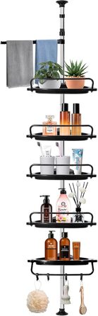 NEMMXUB Telescopic Shower Shelf No Drilling, Height-Adjustable Corner Stainless Steel Corner Shelf Bathroom Shelf with 5 Baskets and 1 Towel Holder, 4 Hooks for Shower, Bathroom, and Household, Height Adjustable from 95-320 cm