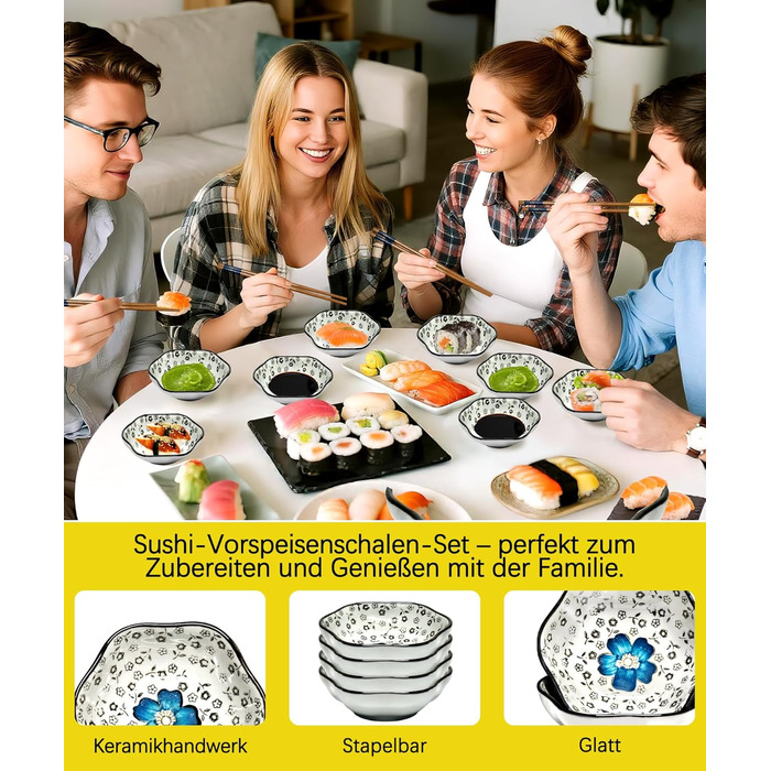 Набір для суші на 4 особи, 12 предметів, кераміка, набір для подачі суші, керамічні соусники, дизайн 'Плюм-квіт', ідеальний подарунок