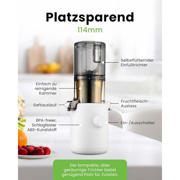 Hurom Slow Juicer | Vegetable and Fruit Juicer | H310 | Easy to Clean & Quiet Motor Electric Juicer with Mesh Filter | 150 Watts | BPA Free | Slim Design | 220ml, White