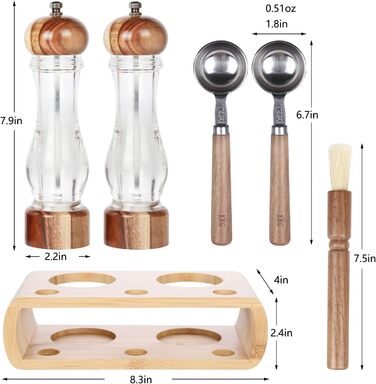 Набір для солі та перцю KKC з дерева, 8 дюймів, з регульованим керамічним механізмом, лопатки та щітка для дому та ресторану