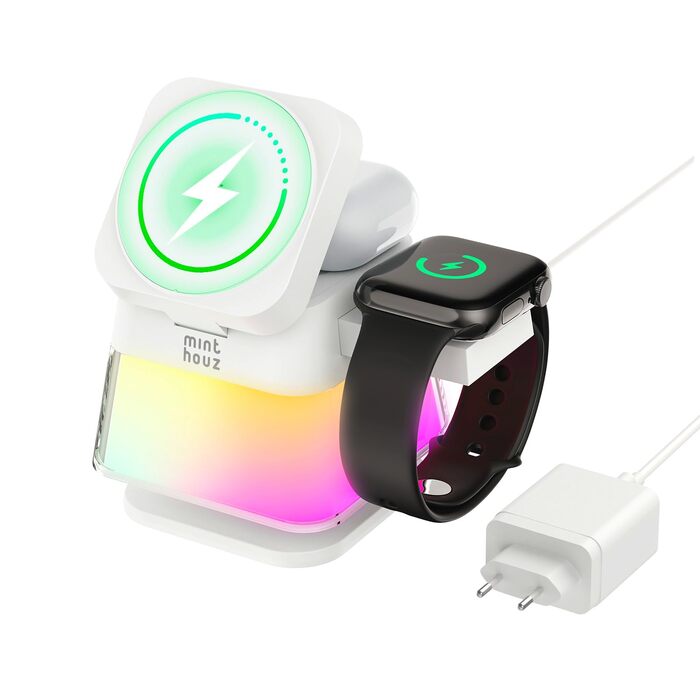 Бездротова зарядна станція 3-в-1 Minthouz Leap Cube 15, швидка зарядка 15W Qi, підставка з багатокольоровою підсвіткою для iPhone 16, 15, 14, 13