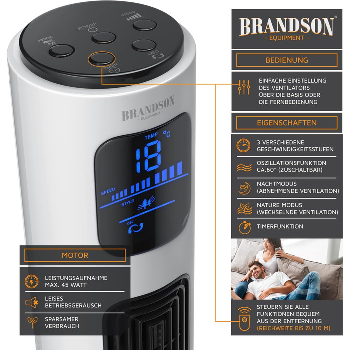 Вентилятор підлоговий Brandson з пультом керування 96 см, тихий, мобільний, з осциляцією, 3 швидкості, 3 режими, таймер, сертифікат GS, сірий колір (B: перламутровий білий)