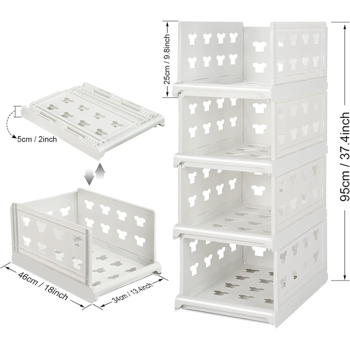 Hossejoy Extra Large Set of 4 Stackable Closet Storage Organizers, Foldable Closet Storage Box Organizers, Plastic Closet Organizer, Shelves, Basket, Bedroom, Office