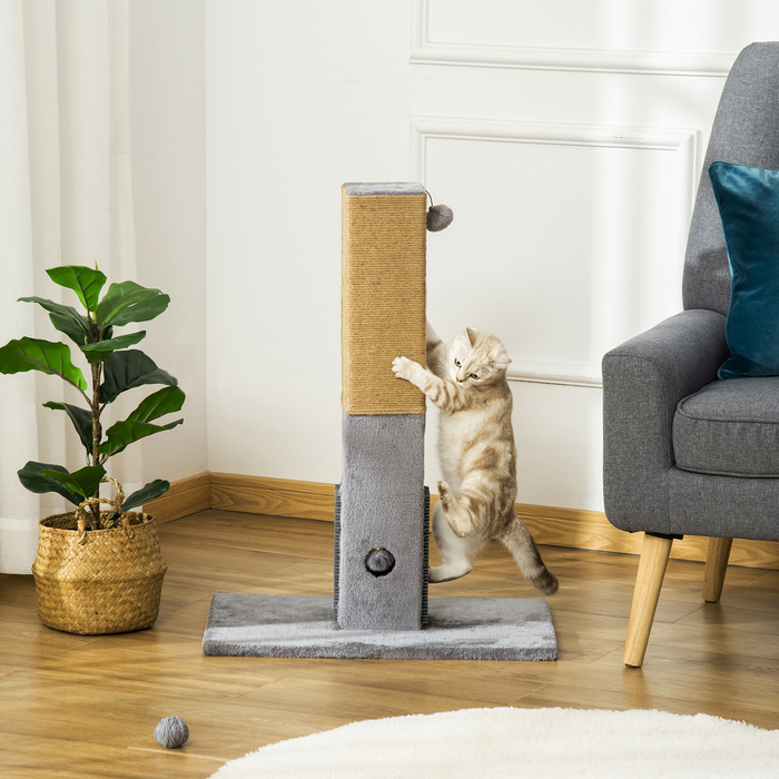 PawHut Cat Scratching Post 79cm with Jute Rope & Plush Toy - Grey for Active Play & Relaxation