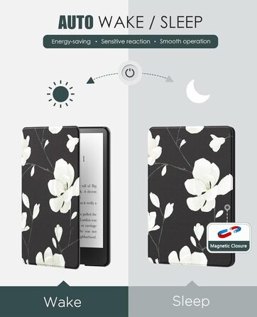 Чохол MoKo для Kindle Paperwhite 11 (2021) 6.8 дюйма, з функцією авто-сплячки, з міцного кожзаму, Signature Edition, Магнолія (чорний та білий)