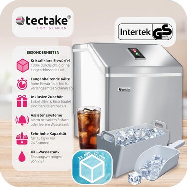 TecTake Professional Ice Cube Machine, Ice Cube Maker for Clear Ice Cubes, Ice Cube Maker, 13 Kg 24 h, 2.2 Liter Water Tank, 24 Ice Cubes per Cycle, incl. Ice Bucket and Ice Scoop - Silver