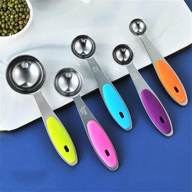Measuring spoons, stainless steel, silicone handle, spoon, measuring spoon, measuring cup set, baking scale, measuring and spice spoons, measuring spoon set (multicolored, 10 pieces) (multicolored measuring spoons, 5 pieces)