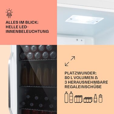 Klarstein Mini Fridge with Glass Door - 80L Compact Beverage Cooler with Adjustable Shelves & Wave Design Racks