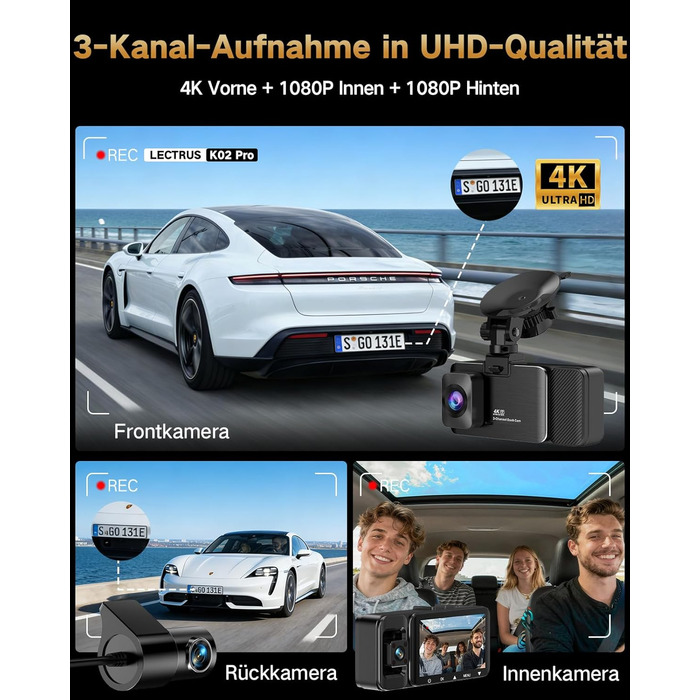 3-канальний автомобільний відеореєстратор 4K (передній, задній, салонний), 170° широкий кут, нічна зйомка, паркування 24/7, G-сенсор, WiFi 5.8 ГГц, SD-карта 64ГБ, чорний