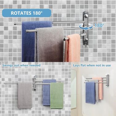 Тримач для рушників JSVER поворотний на 180°, з нержавіючої сталі 304, 3 висувні ручки до 50 см, для кухні, ванної кімнати, гардеробу, сріблястого кольору