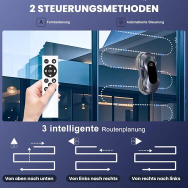 Робот для миття вікон Fensterputzroboter 6000Pa, електричний, з подвійною спіраллю, 3 режими, інтелектуальна навігація, розпізнавання країв, 10 серветок
