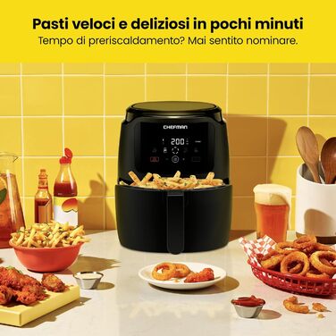 Фритюрниця Chefman з цифровим керуванням, 4.75 л, для сім'ї, сенсорне управління, для картоплі фрі, курки, м'яса, риби, з антипригарним покриттям, деталі придатні для миття в посудомийній машині, автоматичне вимкнення, чорна