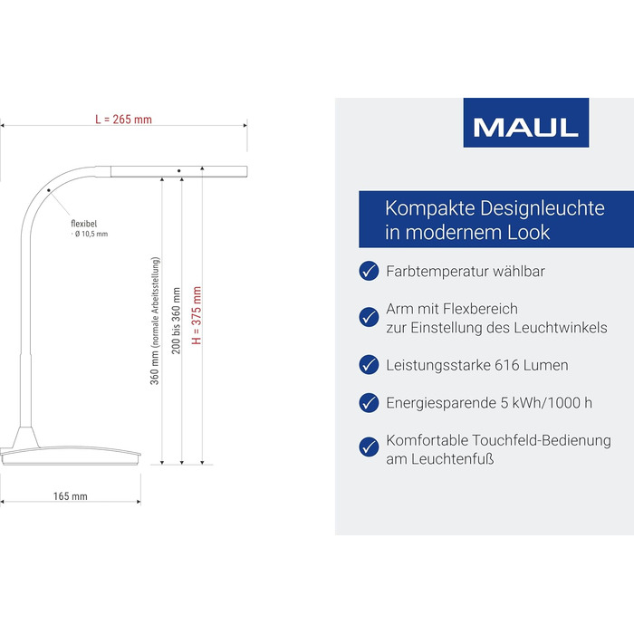 Стійлова лампа MAULpearly colour vario, LED, регулювання яскравості – потужне освітлення робочого місця, 3000-6500K, atlantic blue, 22W
