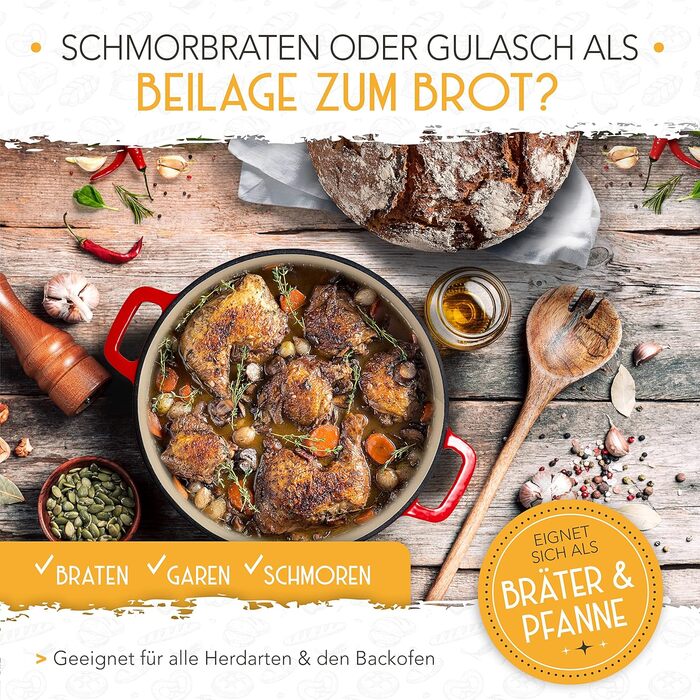 KRUSTENZAUBER Cast Iron Pot for Bread Baking [incl. Proofing Basket] - High-Quality Enamel Pot 26cm - Ideal cast iron pot for baking bread, cast iron pot for bread baking, bread baking accessories…