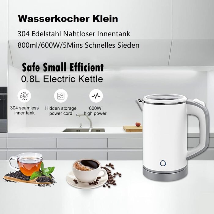 Електричний чайник MiliPow 0.8 л, 600 Вт, для подорожей | З нержавіючої сталі 304 | Швидкий кип'ятіння | Автоматичне вимкнення