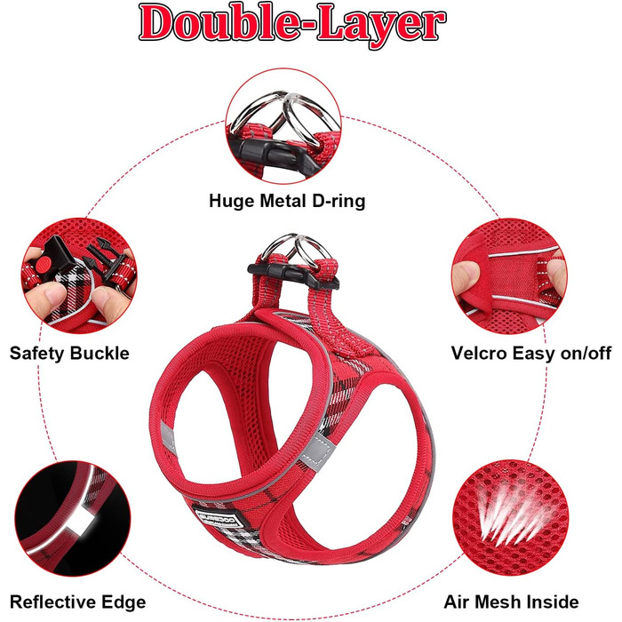 Шлейка для собак Suredoo для маленьких собак з повідком, анти-тягнуча, світловідбиваюча, дихаюча, нагрудна, для цуценят (Червоно-біла клітинка, M, Обхват грудей: 34-39см)