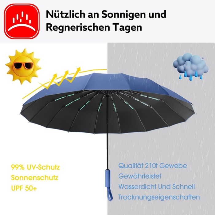 Стійкий до вітру парасолька-тростина, автоматичний, великий, з 16 ребрами, покриття Teflon 210T, анти-UV (блакитний)