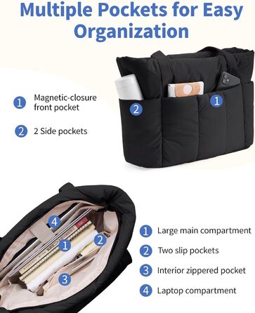 Сумка жіноча Narwey Shopper велика, легка для роботи, школи, університету, сумка-тоут з багатьма відділеннями, чорна