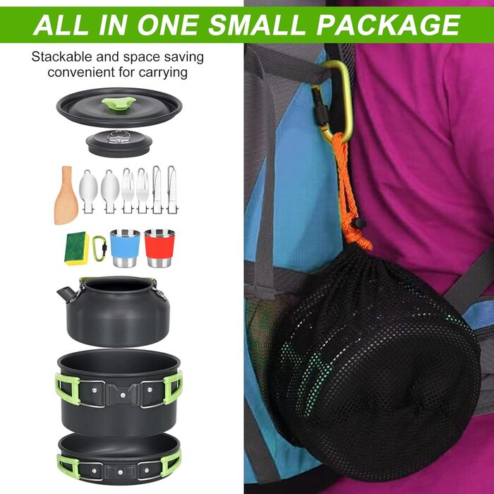 Набір посуду для кемпінгу на 17 частин: набір для приготування їжі на природі, пікніків, риболовлі та походів (2-3 особи)