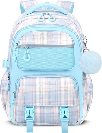 Шкільний рюкзак Tanou для дівчаток, великий, ергономічний, модний каро - ідеальний для підлітків та подорожей (блакитний)