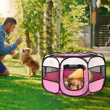 Клітка-загон для собак та котів 73x73x43 см, рожева, портативна, для внутрішнього та зовнішнього використання