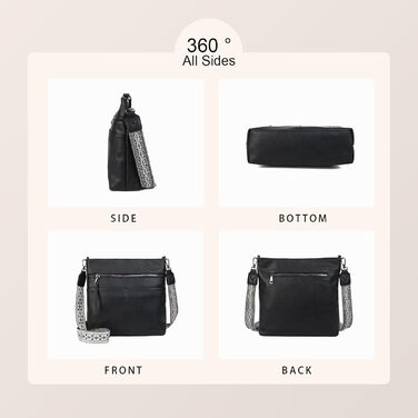 Сумка жіноча Gladdon шкіряна чорна крос-боді середнього розміру через плече з широким ременем та жакардовою тканиною