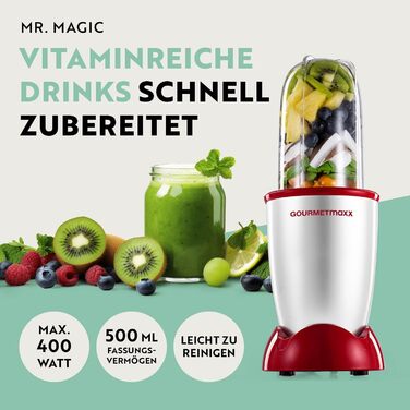 GOURMETmaxx Mr. Magic: Блендер для смузі та шейків 400W | Комплект з 4 насадками | Червоний та срібний