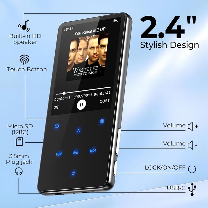 MP3 плеєр 64GB з Bluetooth 5.3 та екраном 2.4