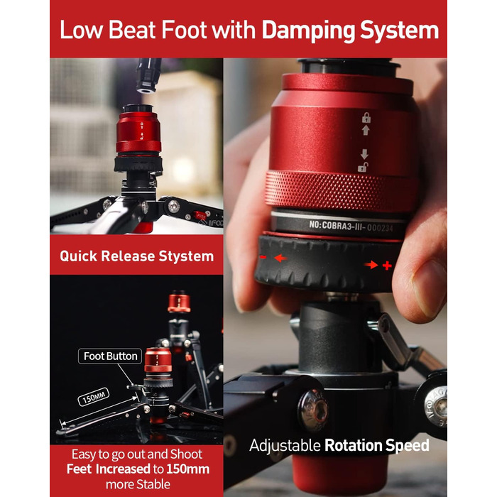 Штатив монопод IFOOTAGE Cobra 3 C180F-P з вуглецевого волокна, 181 см, максимальне навантаження 8 кг