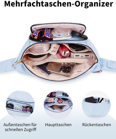 Поясна сумка для жінок та чоловіків, стильна, з 4 кишенями на блискавці та регульованим ремінцем, ідеальна для подорожей та піших прогулянок (світло-блакитна)