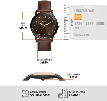 Годинник Fossil для чоловіків The Minimalist 3H, кварцовий механізм, 44 мм, корпус зі срібної нержавіючої сталі, шкіряний ремінь, FS5439 (Dunkelbraun)