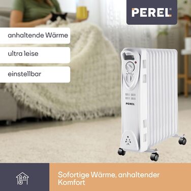Масляний радіатор Perel 2500W з 11 ребрами, 3 режими, термостат, колеса, захист від перегріву та перекидання, тихий та енергоефективний для великих приміщень до 30 м²