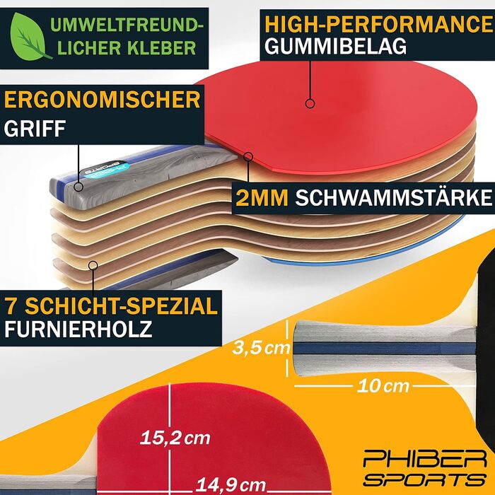Набір для настільного тенісу PHIBER-SPORTS: 4 ракетки, 8 м'ячів, сумка | Для гри в приміщенні та на вулиці | Підходить для початківців, сімей та професіоналів